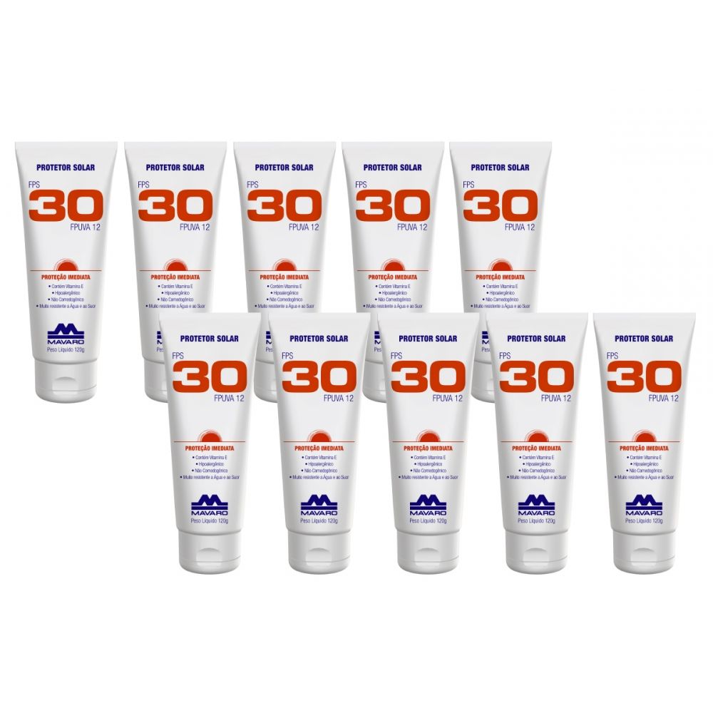 KIT Protetor Solar FPS 30 Mavaro Bisnaga 120g - 10 UND