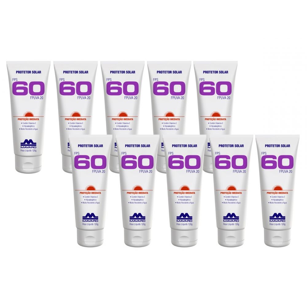 KIT  Protetor Solar FPS 60 Mavaro  Bisn 120g - 10 UND  Máxima Proteção
