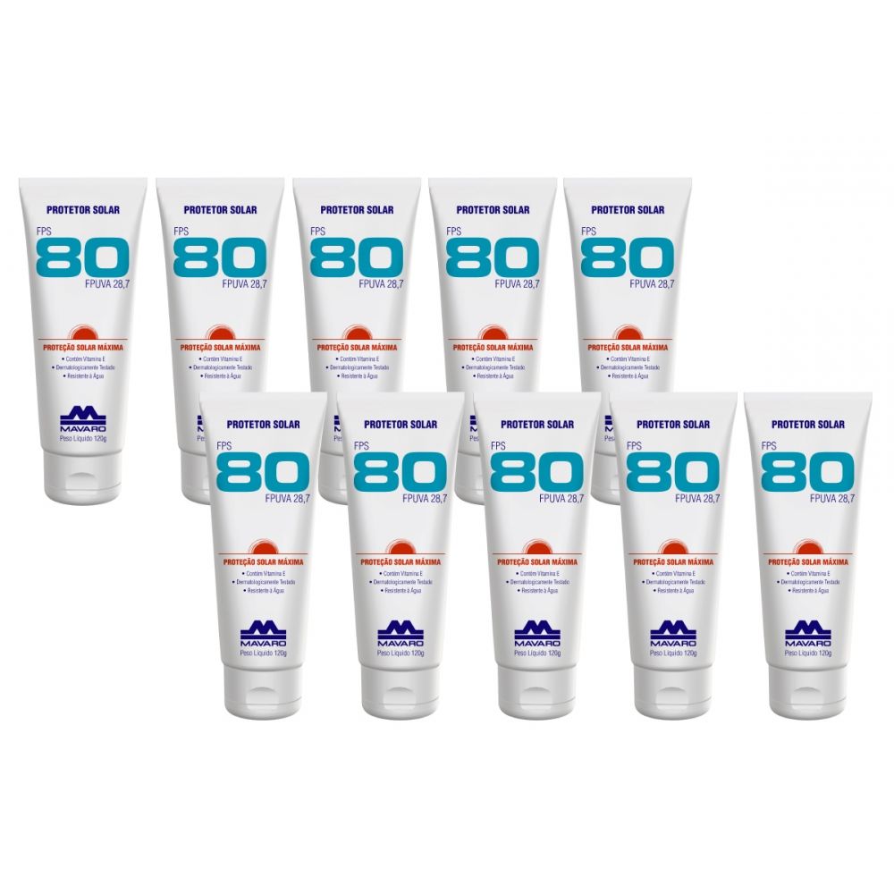 KIT  Protetor Solar FPS 80 Mavaro  Bisn 120g - 10 UND  Máxima Proteção